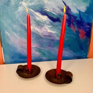 Pair Mexican Hammered Copper Taper Candlestick Handled Holders Vintage FarmHouse